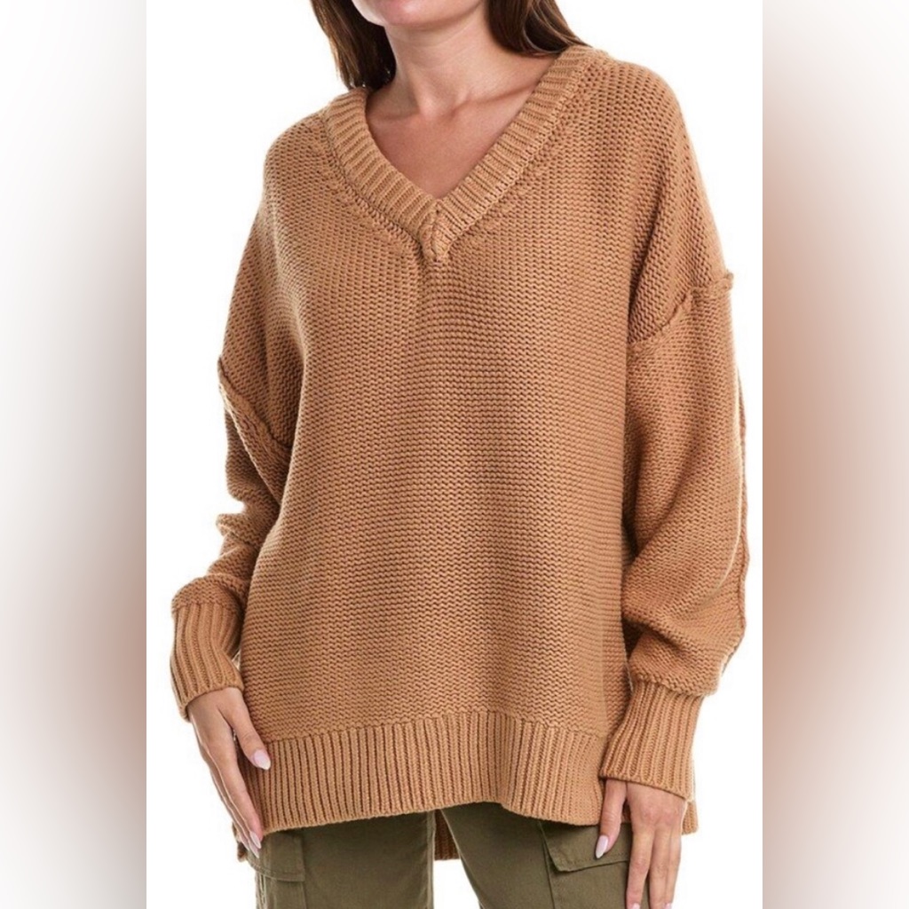 Free People Alli V-Neck Sweater, Camel, Sz S
